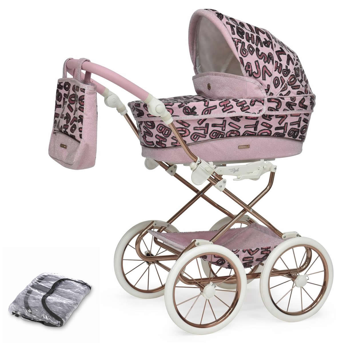 Bebecar Prive Stylo Dolls Pram Matching Bag Raincover Pink Letters